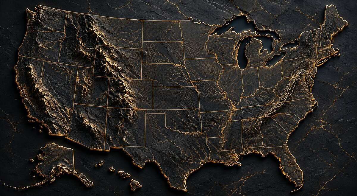 Gold relief map of the United States divided into five founding regions